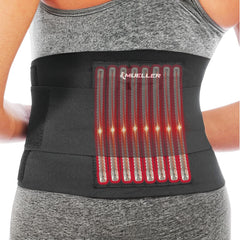 MUELLER faja lumbar frontal mostrando diseño y ajuste, soporte estable