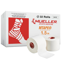 Mueller M-Tape frontal mostrando rollo y beneficio de soporte duradero