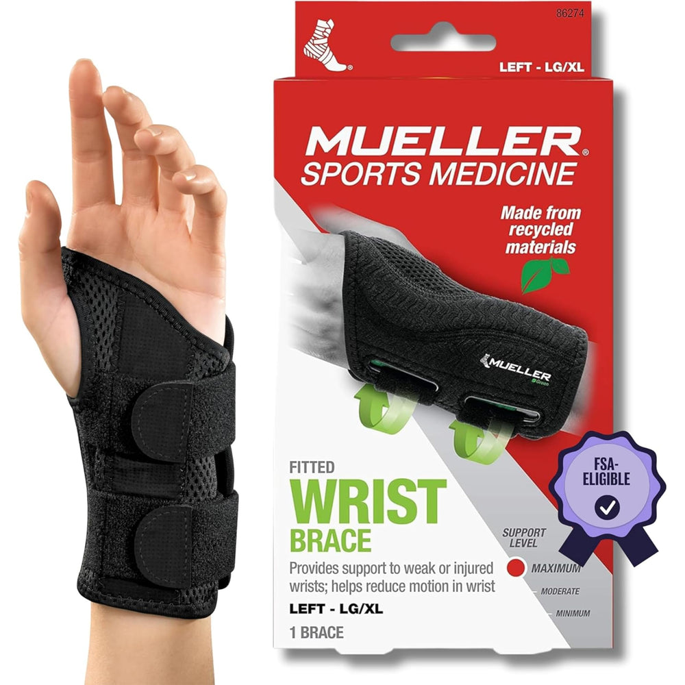 MUELLER embalaje frontal de la muñequera izquierda mostrando talla L/XL y beneficios