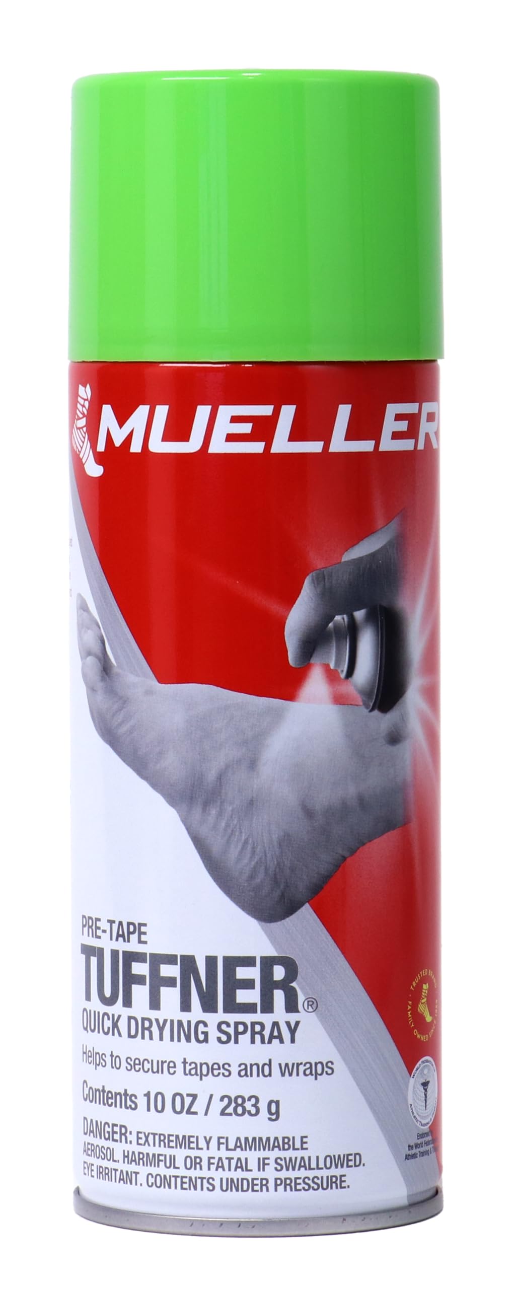 MUELLER spray pre-tape vista frontal con etiqueta clara y facilidad de uso