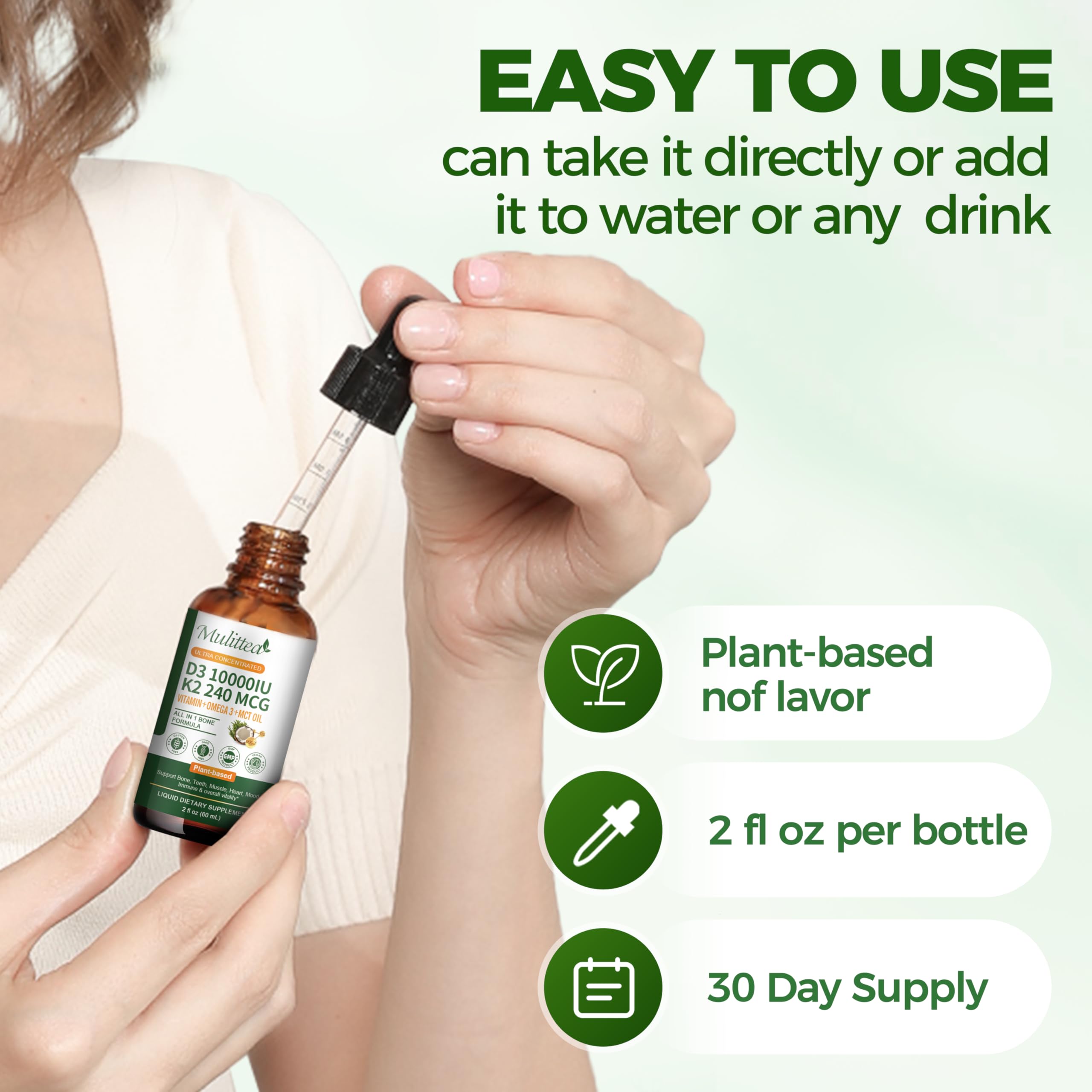 Mulittea estilo de vida con botella junto a frutas, apoyo integral natural