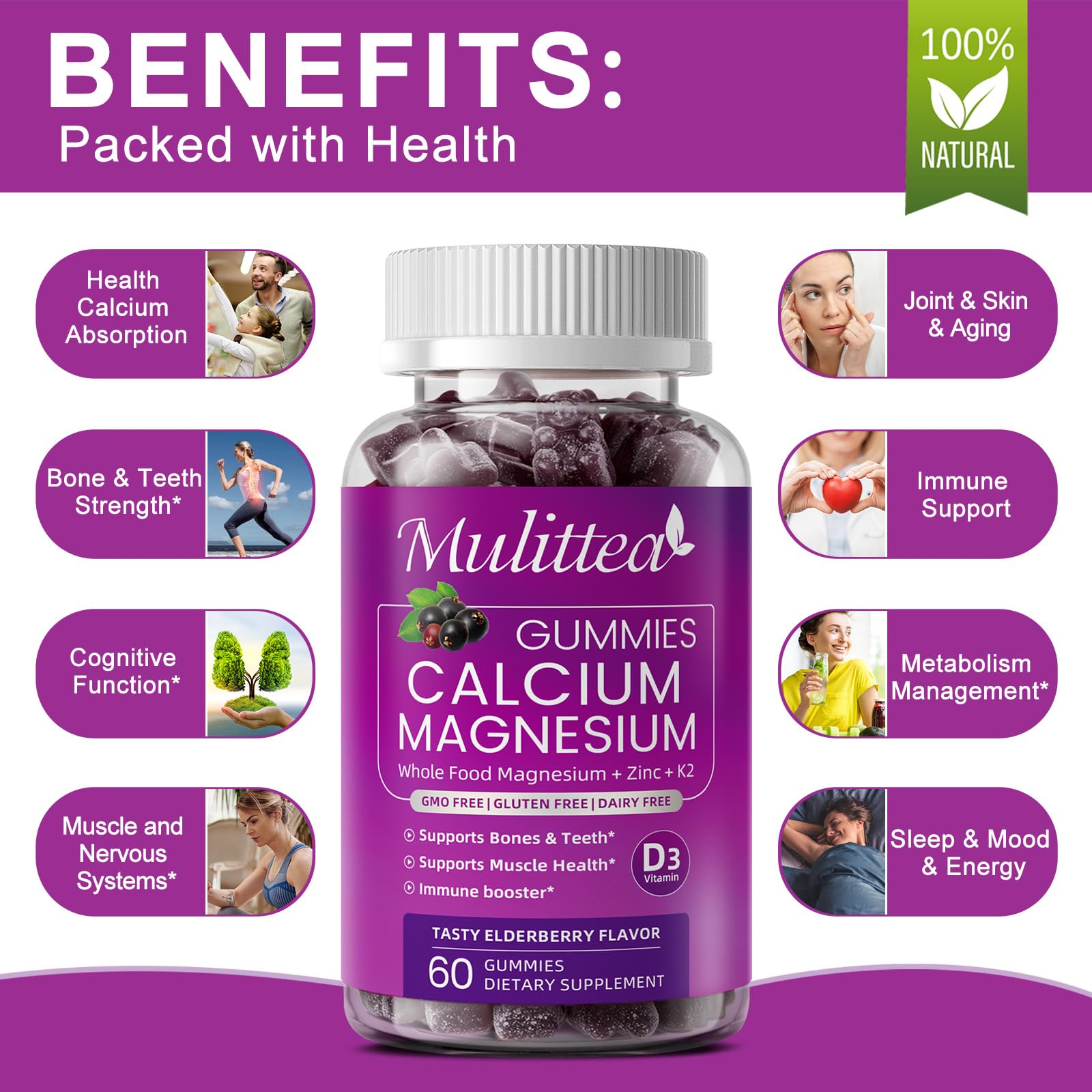 Etiqueta Mulittea con lista de ingredientes y vitaminas claves