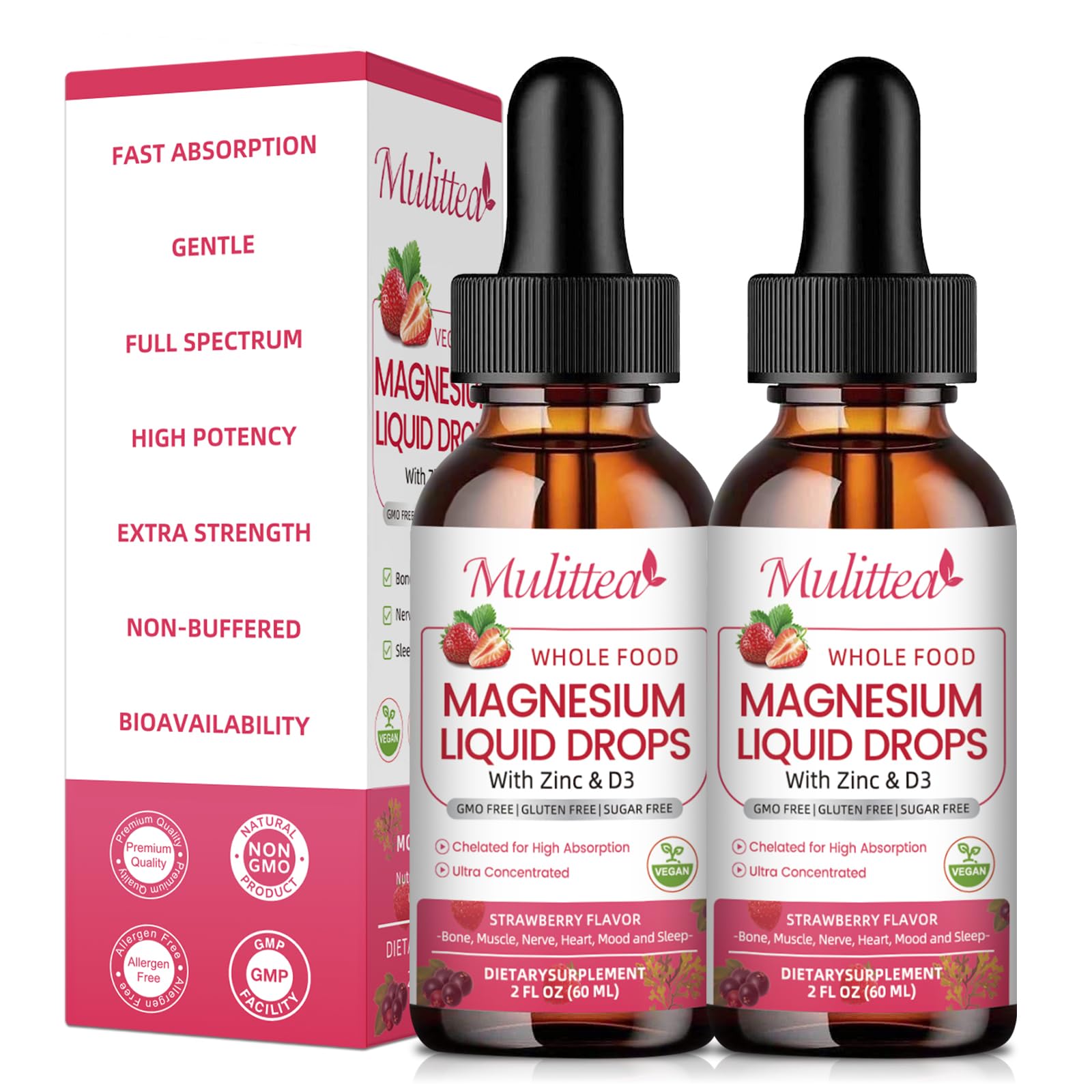 Mulittea botella frontal mostrando diseño y concentración alta como beneficio