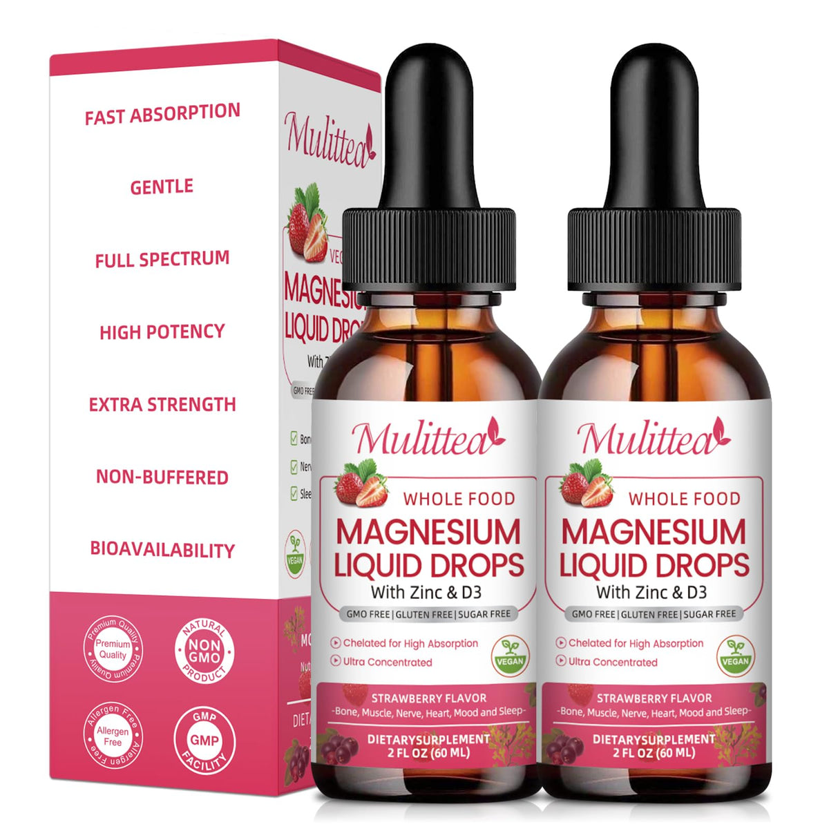 Mulittea botella frontal mostrando diseño y concentración alta como beneficio