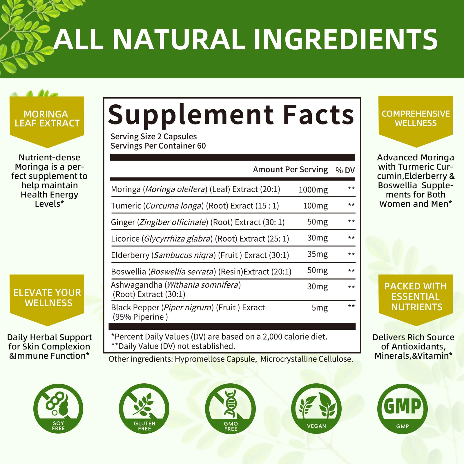 Dosis diaria de Mulittea Moringa en cápsulas para revisión rápida.