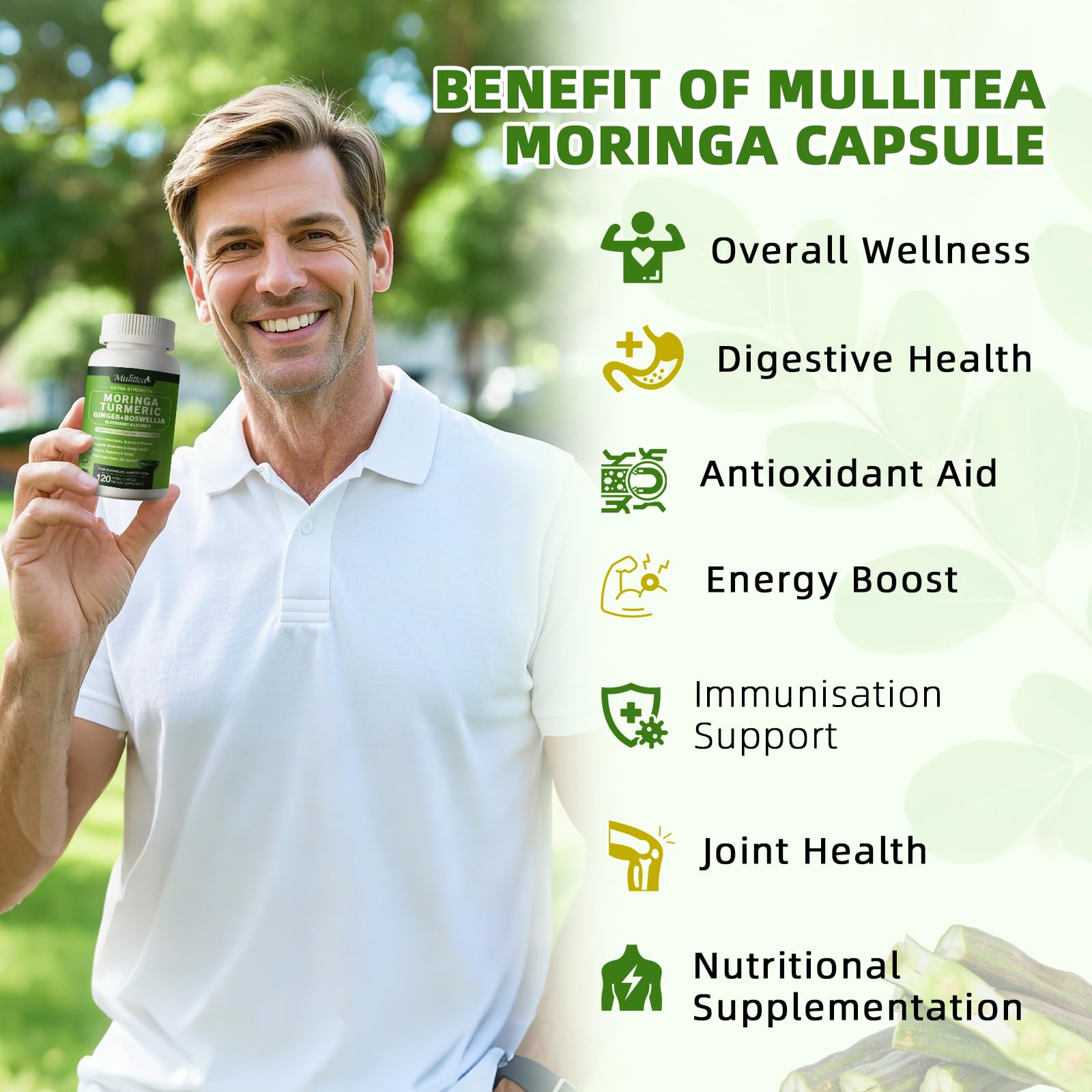 Cúrcuma y jengibre en la fórmula de Mulittea Moringa para absorción.