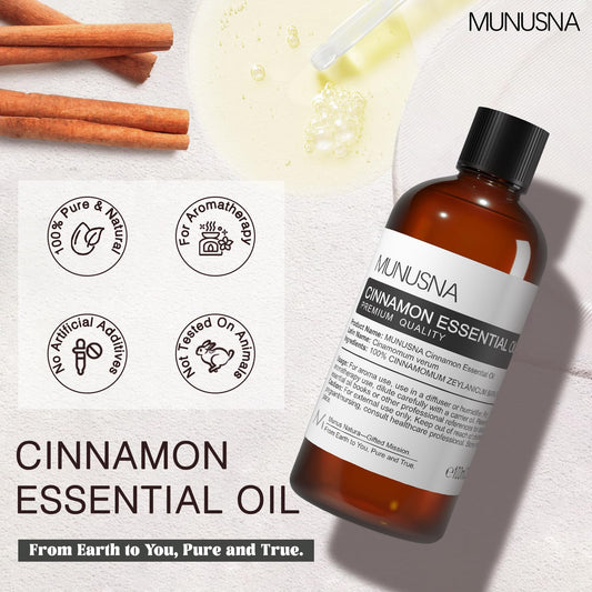MUNUSNA etiqueta en primer plano con información del aceite de canela, útil para identificar pureza