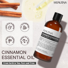 MUNUSNA etiqueta en primer plano con información del aceite de canela, útil para identificar pureza