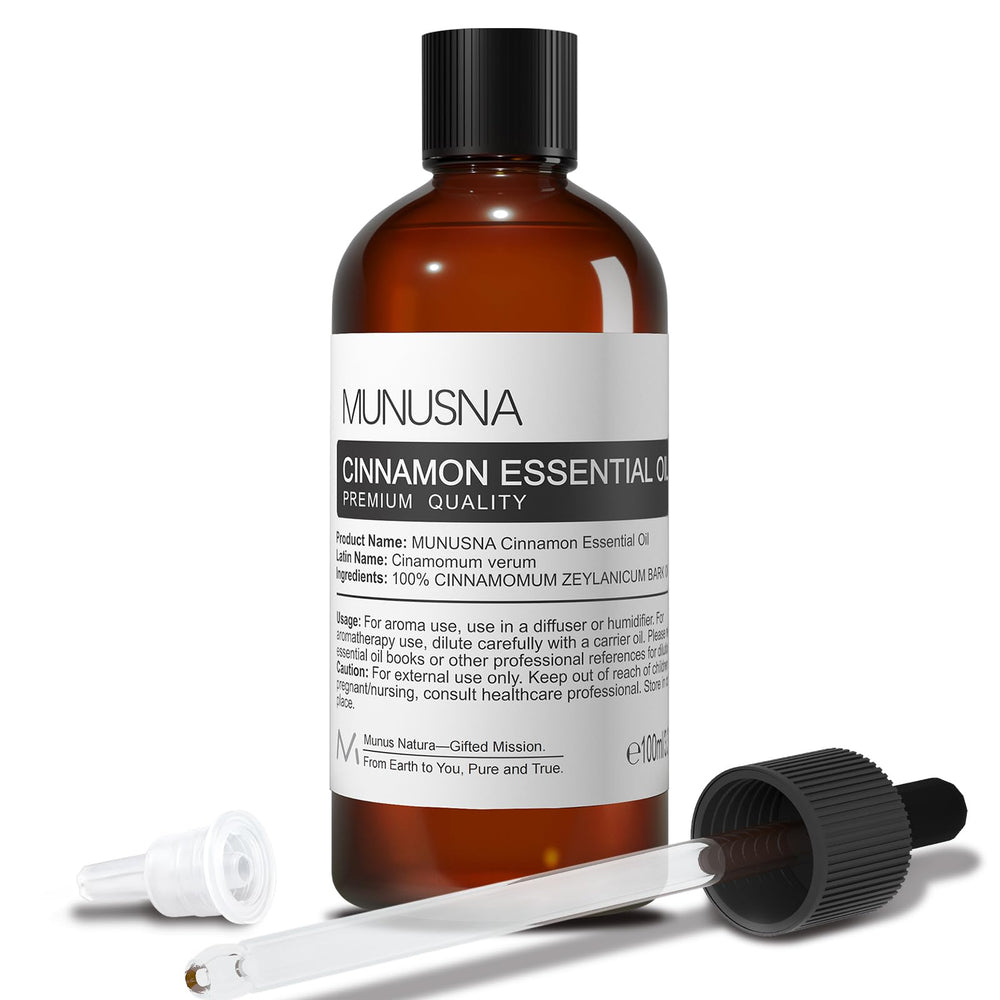 MUNUSNA botella frontal del aceite de canela mostrando envase y tamaño, ideal para aromaterapia