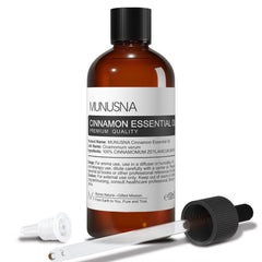 MUNUSNA botella frontal del aceite de canela mostrando envase y tamaño, ideal para aromaterapia