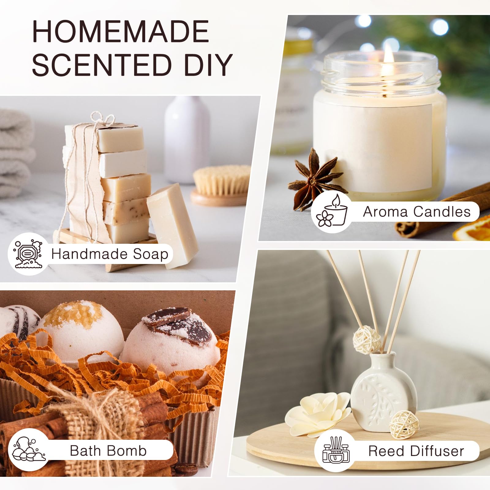 MUNUSNA corteza de canela y frasco, destacando origen natural y proceso de destilación