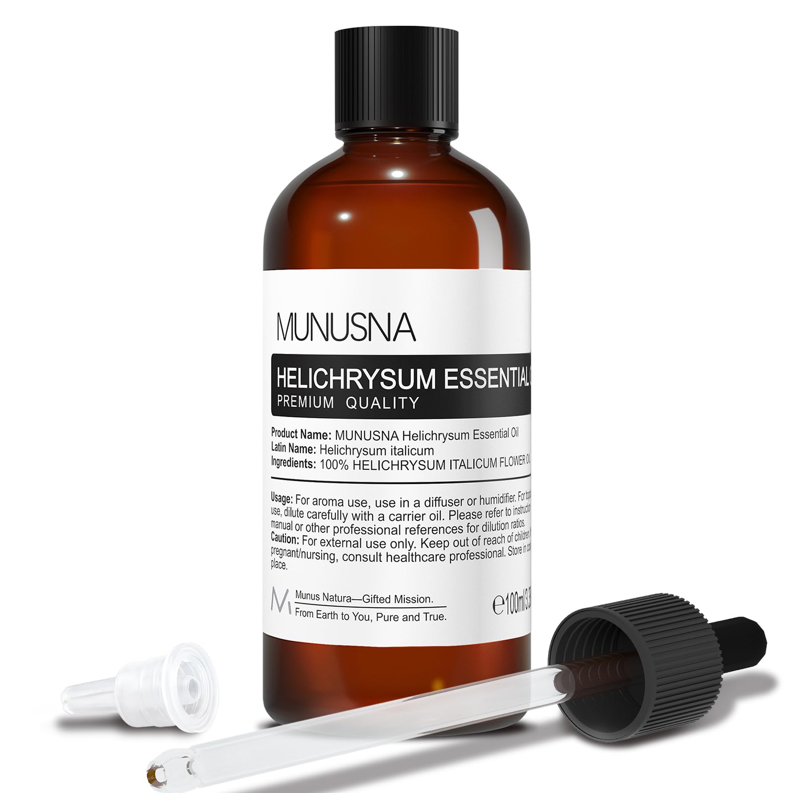 MUNUSNA frasco frontal de aceite helichrysum mostrando presentación premium y confianza
