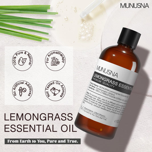 MUNUSNA gota de aceite lemongrass en primer plano, pureza visible