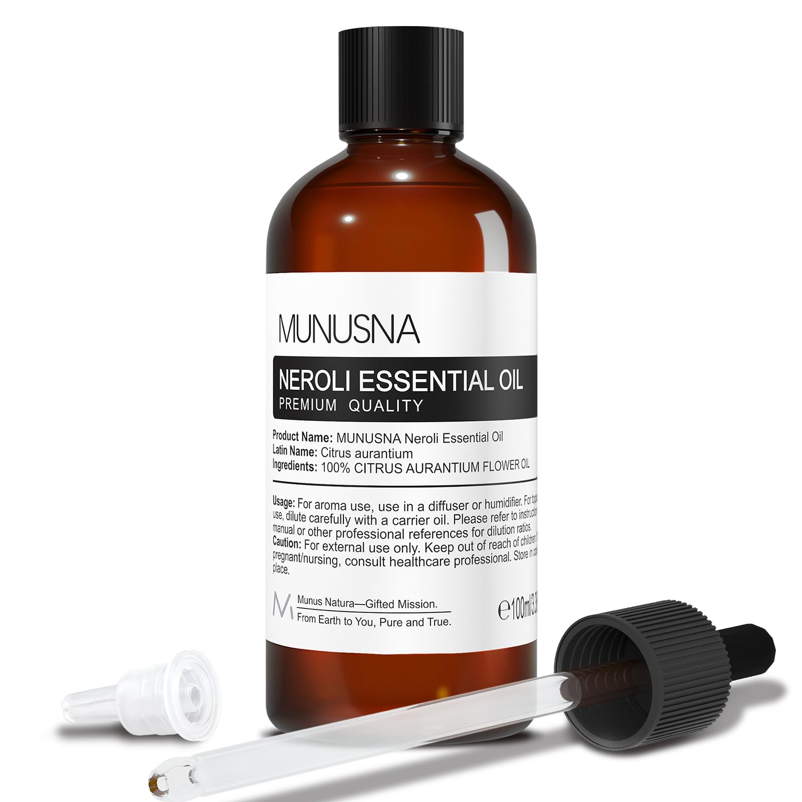 MUNUSNA frasco neroli frontal, presentación profesional y protección