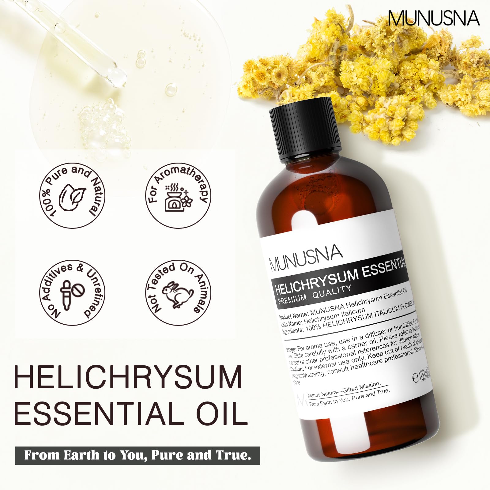 MUNUSNA gota de aceite helichrysum en piel destacando textura pura y absorción