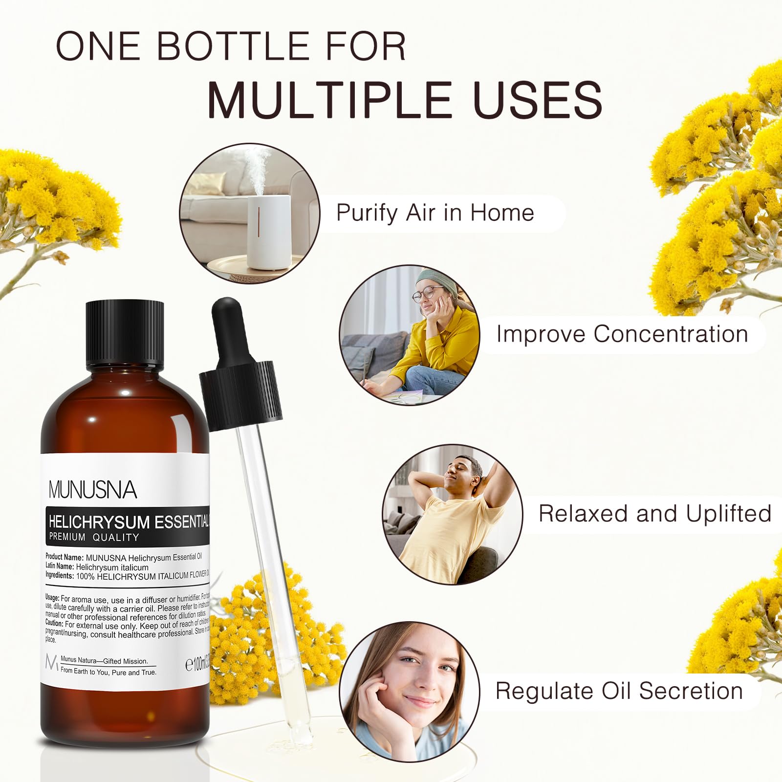 MUNUSNA aplicación facial con aceite helichrysum para piel más suave al tacto