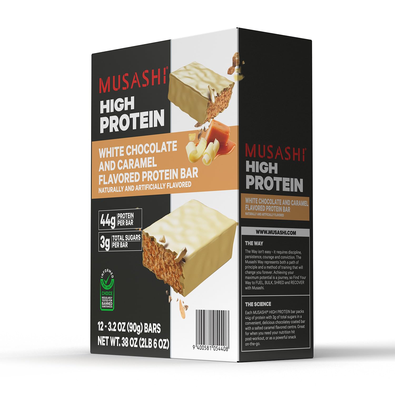 Musashi barra en mano lista para consumir, ventaja: snack proteico portátil