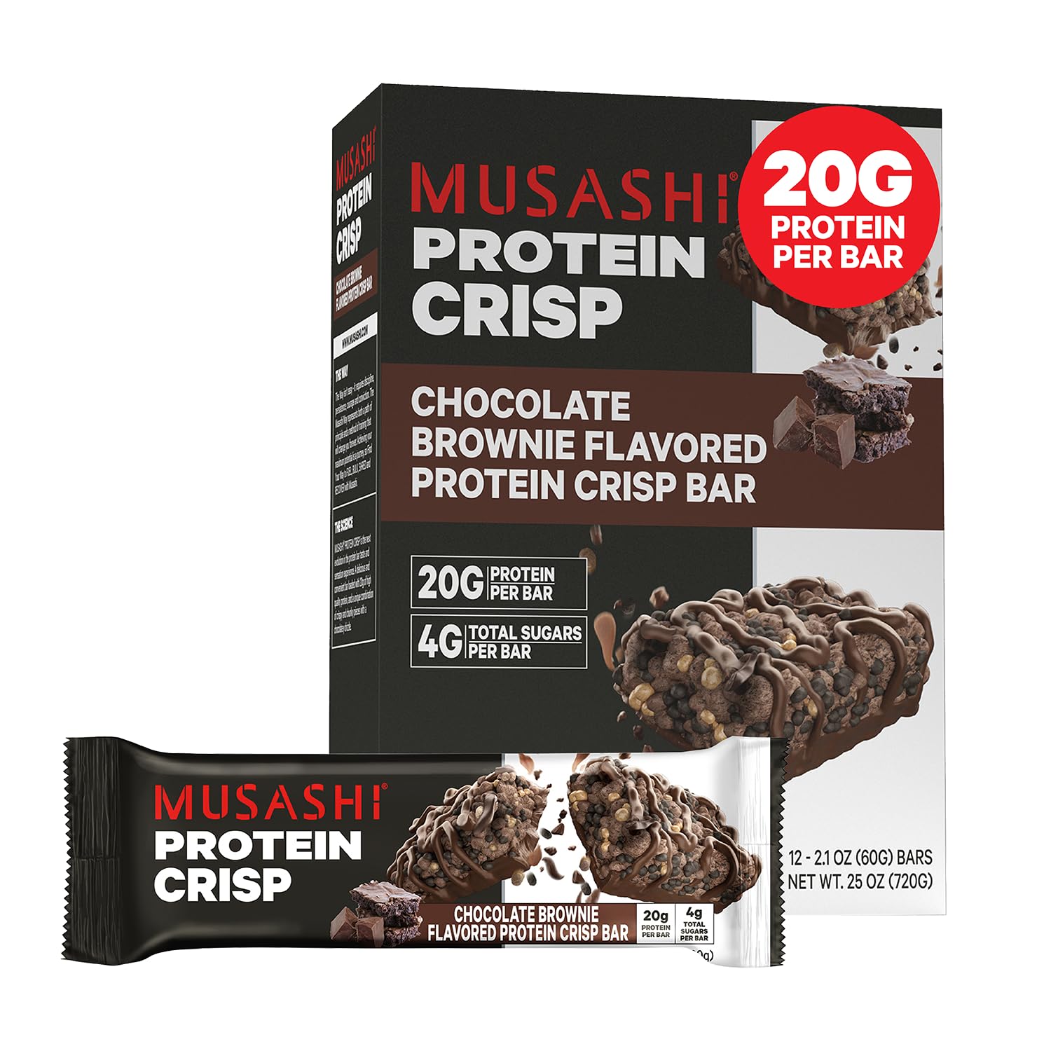 Musashi empaque frontal Chocolate Brownie mostrando marca y conveniencia