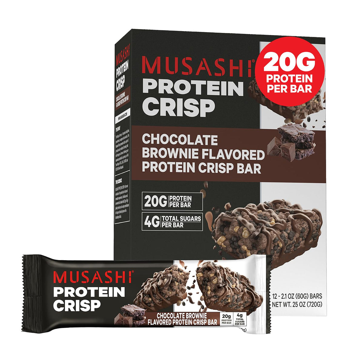 Musashi empaque frontal Chocolate Brownie mostrando marca y conveniencia