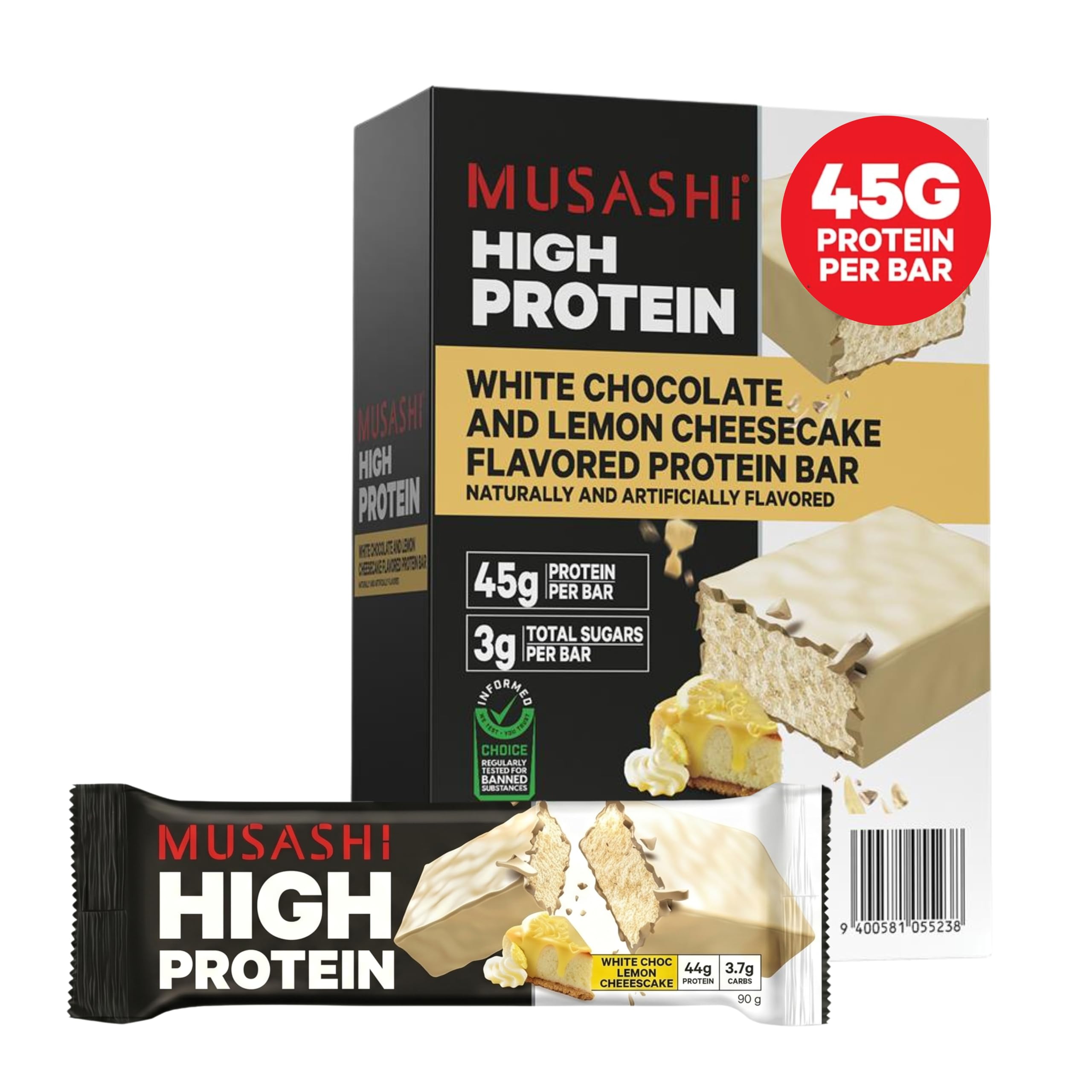 Musashi barrita frente del envase mostrando sabor Lemon Cheesecake y conveniencia