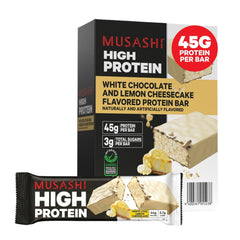 Musashi barrita frente del envase mostrando sabor Lemon Cheesecake y conveniencia