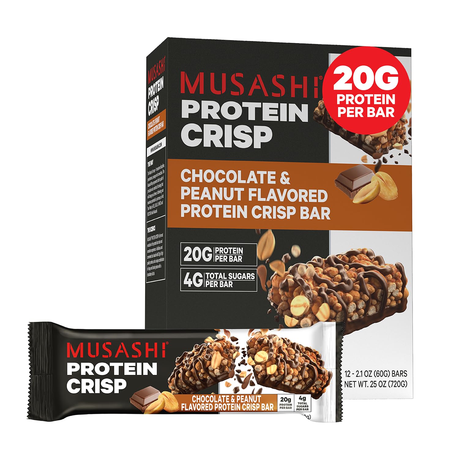 Musashi empaque frontal Chocolate & Peanut mostrando la marca y beneficios