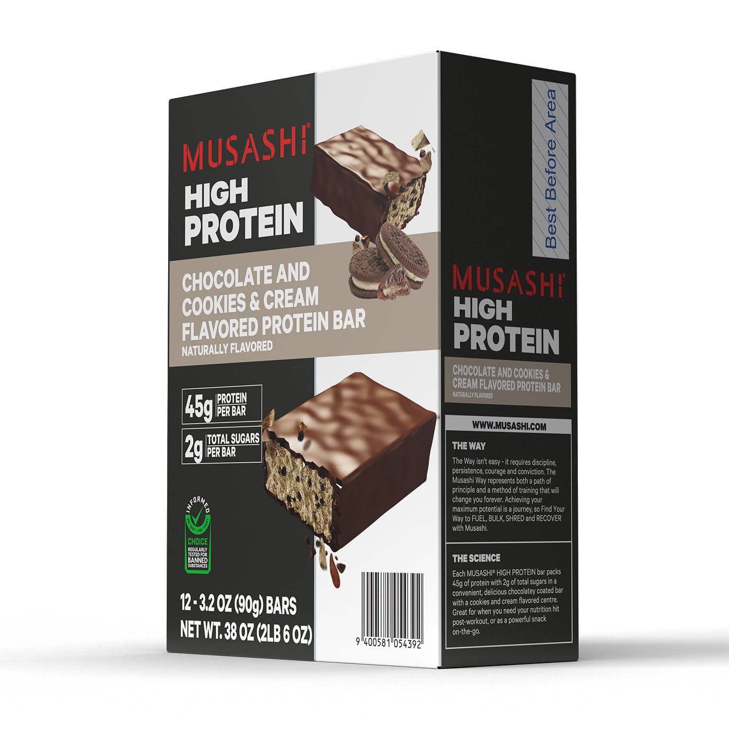 Primer plano de ingredientes WPI y BCAAs de Musashi, máxima pureza proteica