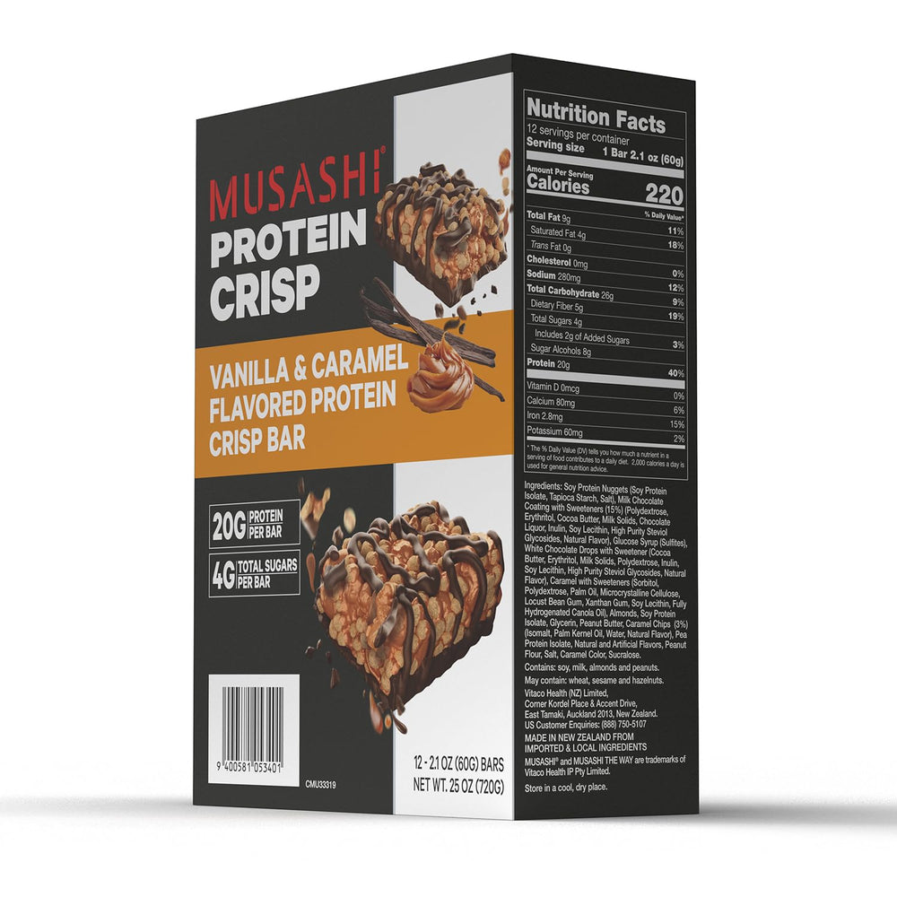 Musashi Protein Crisp Bar etiqueta con ingredientes y beneficios de calidad