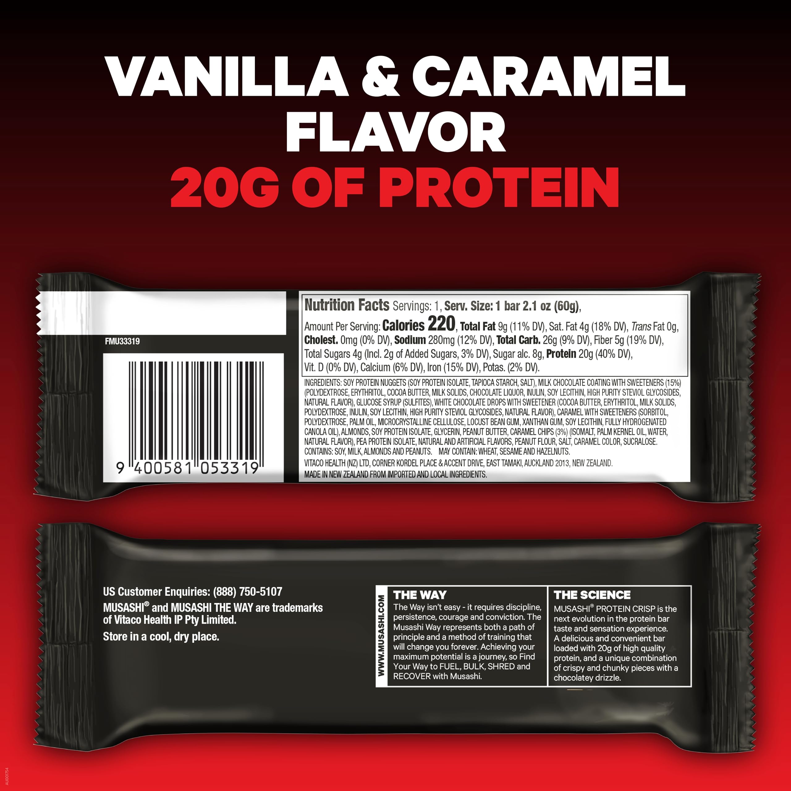 Musashi Protein Crisp Bar porción interior cortada revela trozos y aporte de proteína