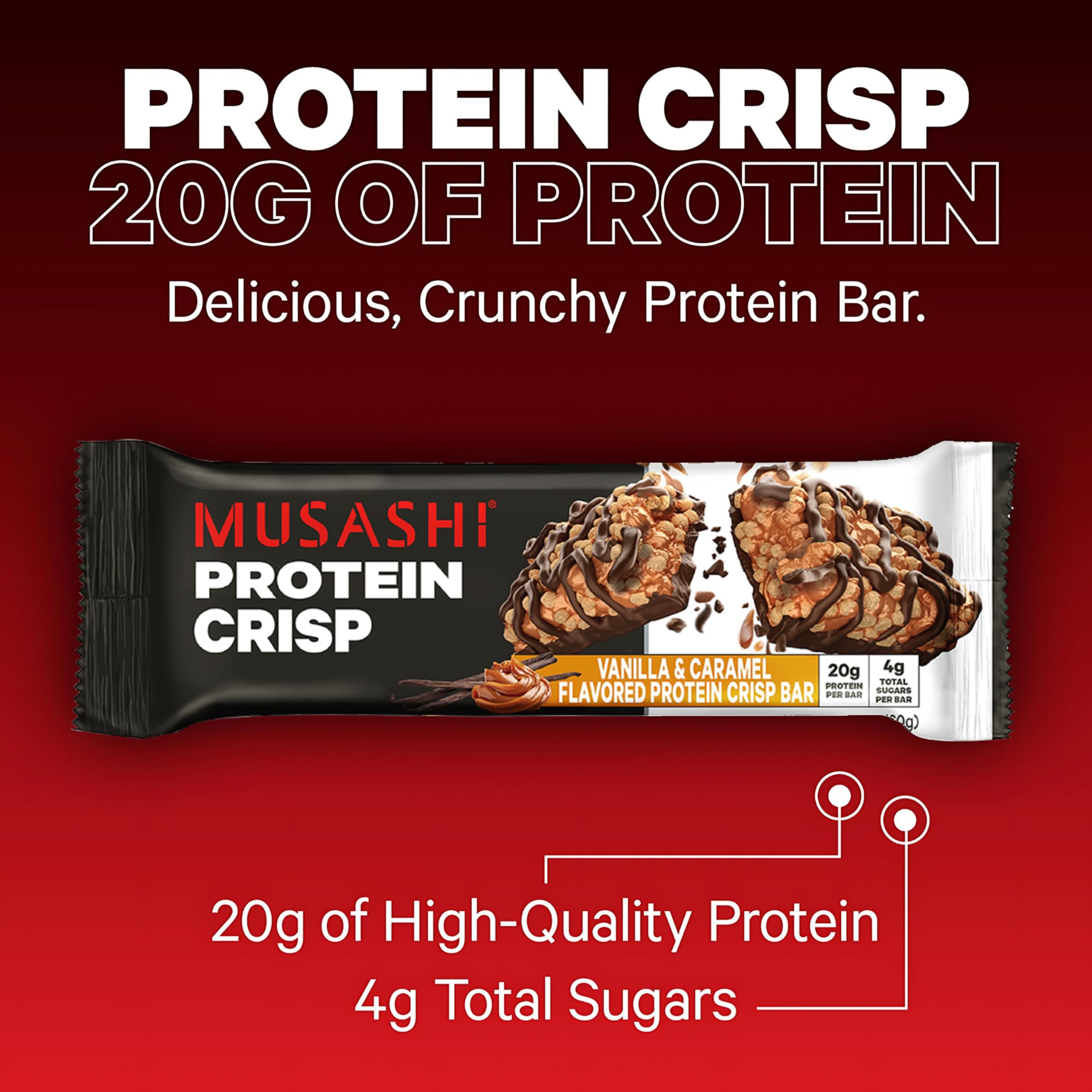 Musashi Protein Crisp Bar primer plano de la textura crujiente para placer al masticar