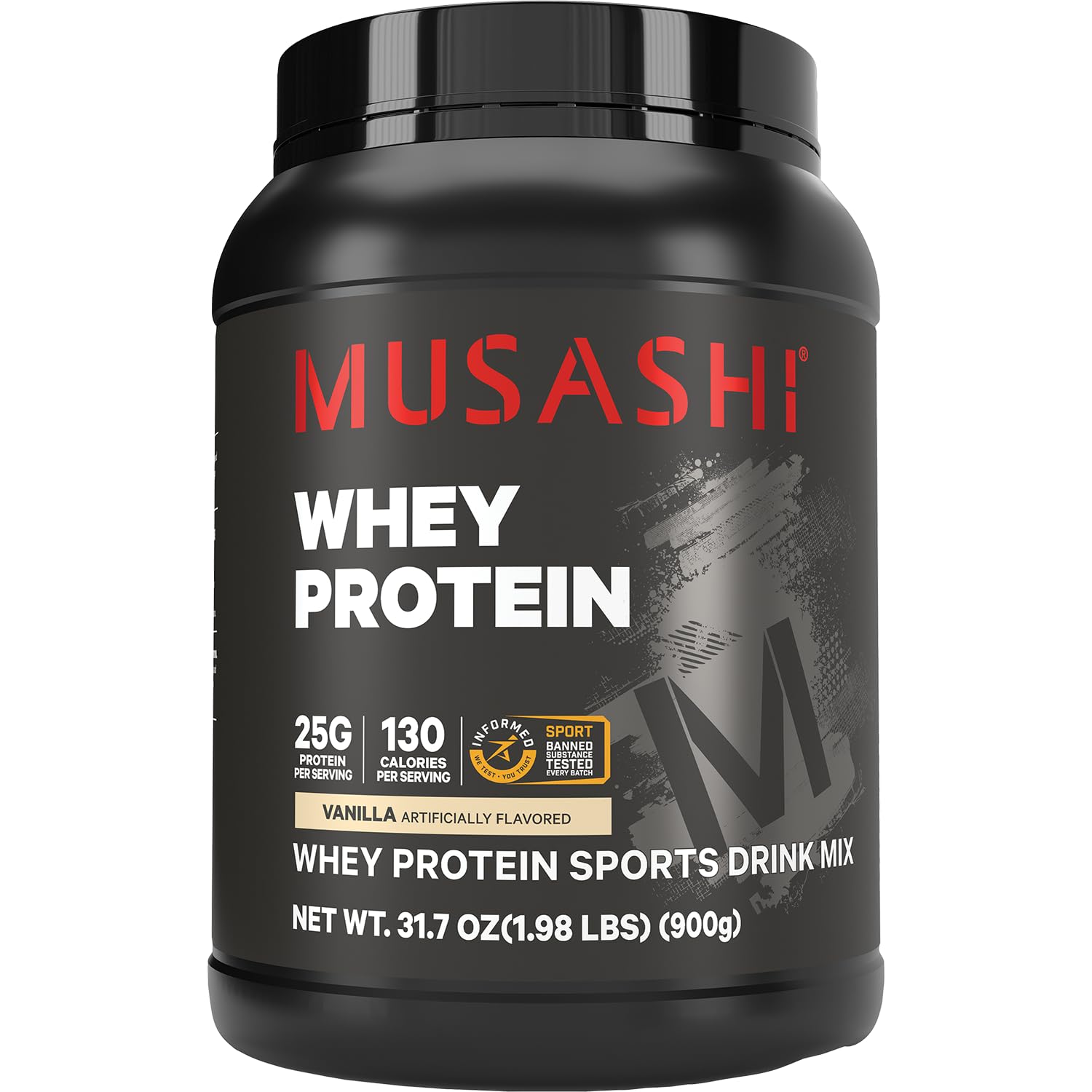 Musashi tarro frontal sabor vainilla mostrando envase práctico y beneficios proteicos