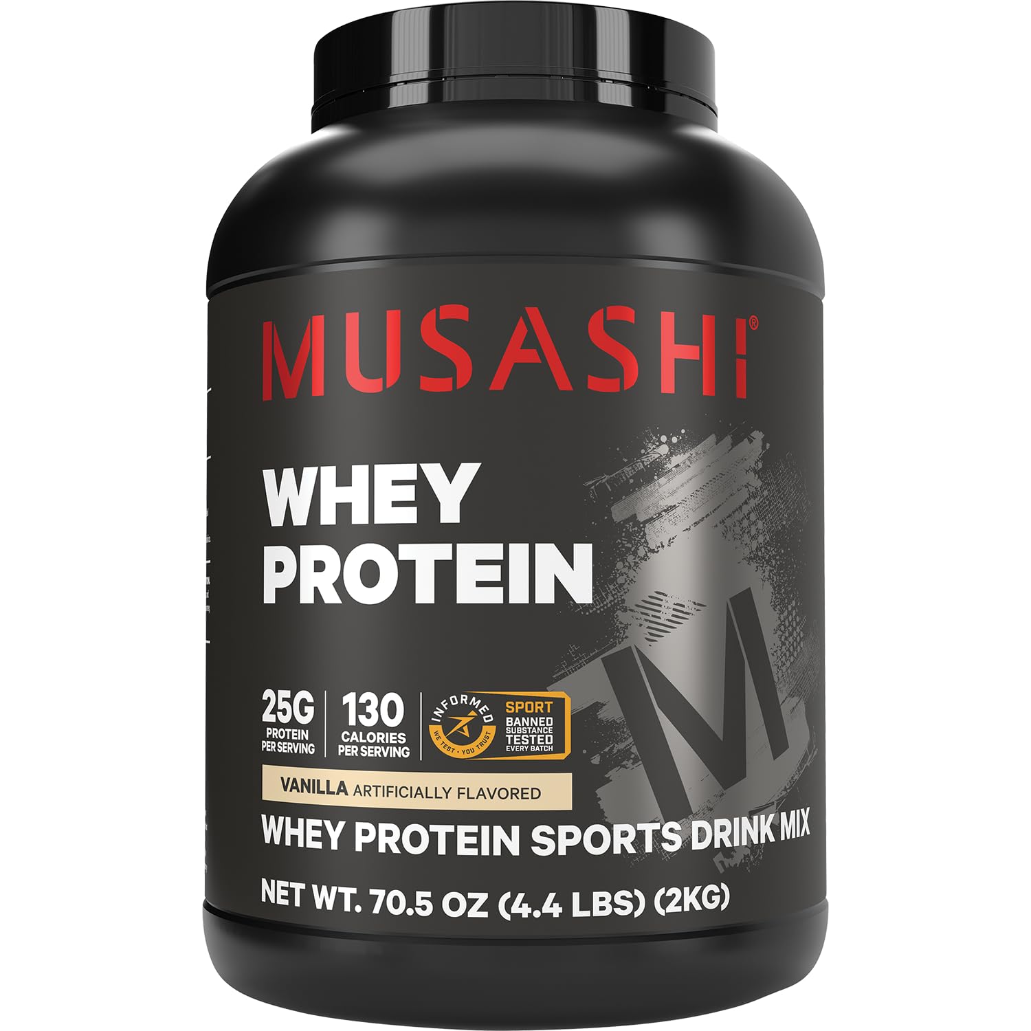 Musashi envase frontal vainilla, presentación clara y beneficios nutricionales