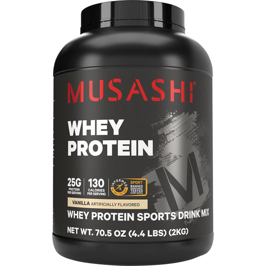 Musashi envase frontal vainilla, presentación clara y beneficios nutricionales