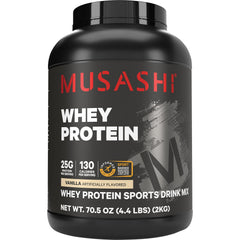 Musashi envase frontal vainilla, presentación clara y beneficios nutricionales