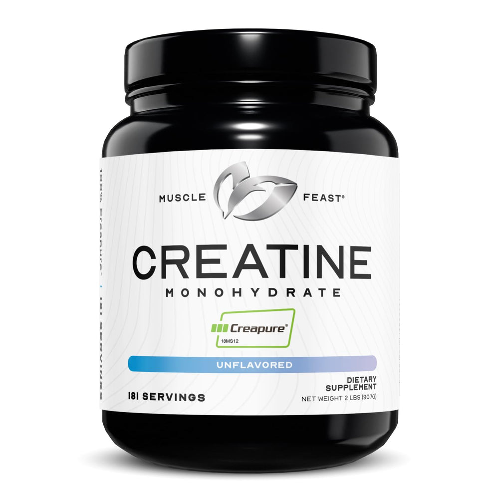 Muscle Feast envase frontal que muestra creatina pura y beneficios