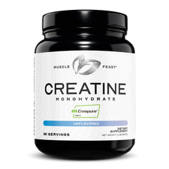 Muscle Feast envase frontal que muestra creatina pura y beneficios