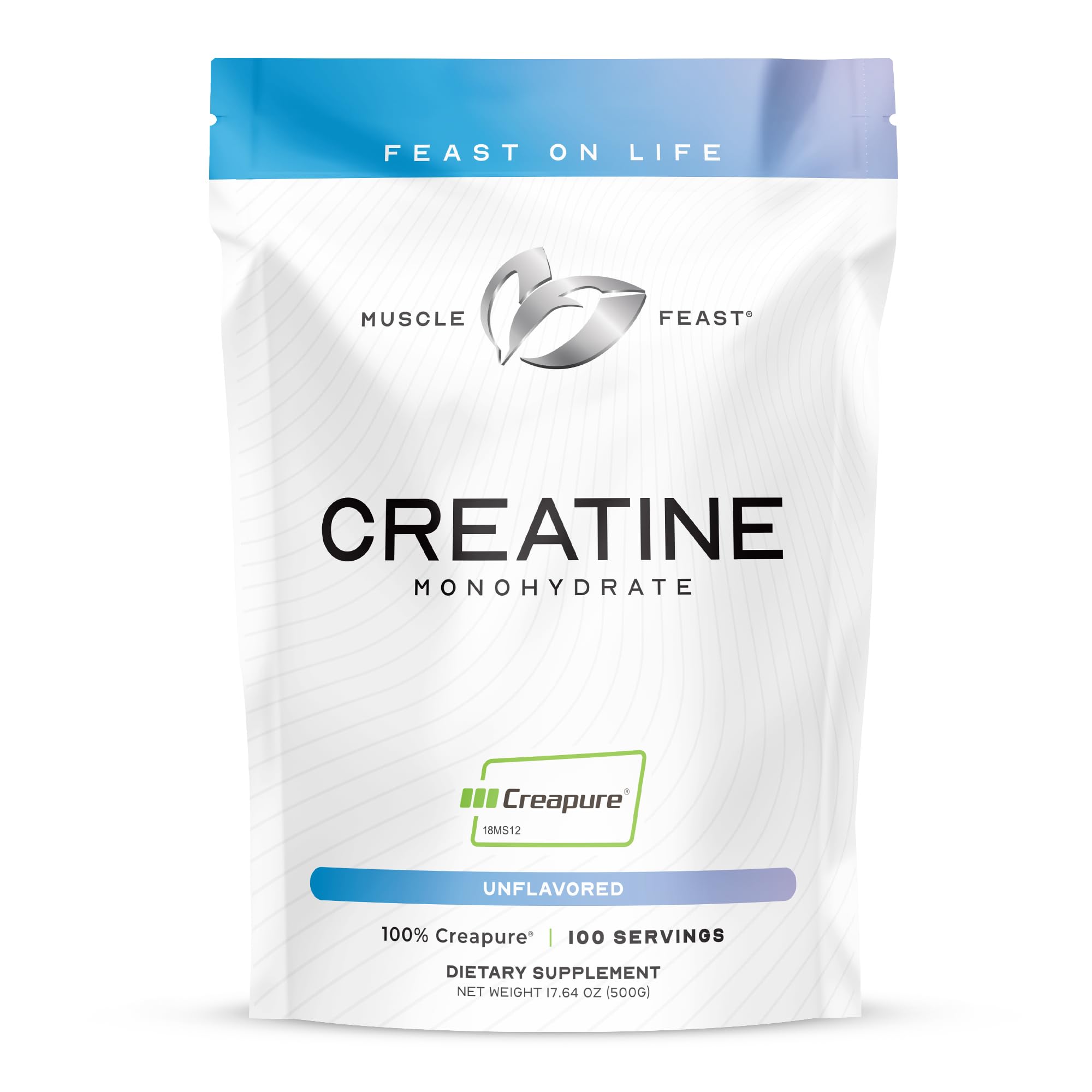 Muscle Feast envase frontal claramente etiquetado, transmite pureza y confianza