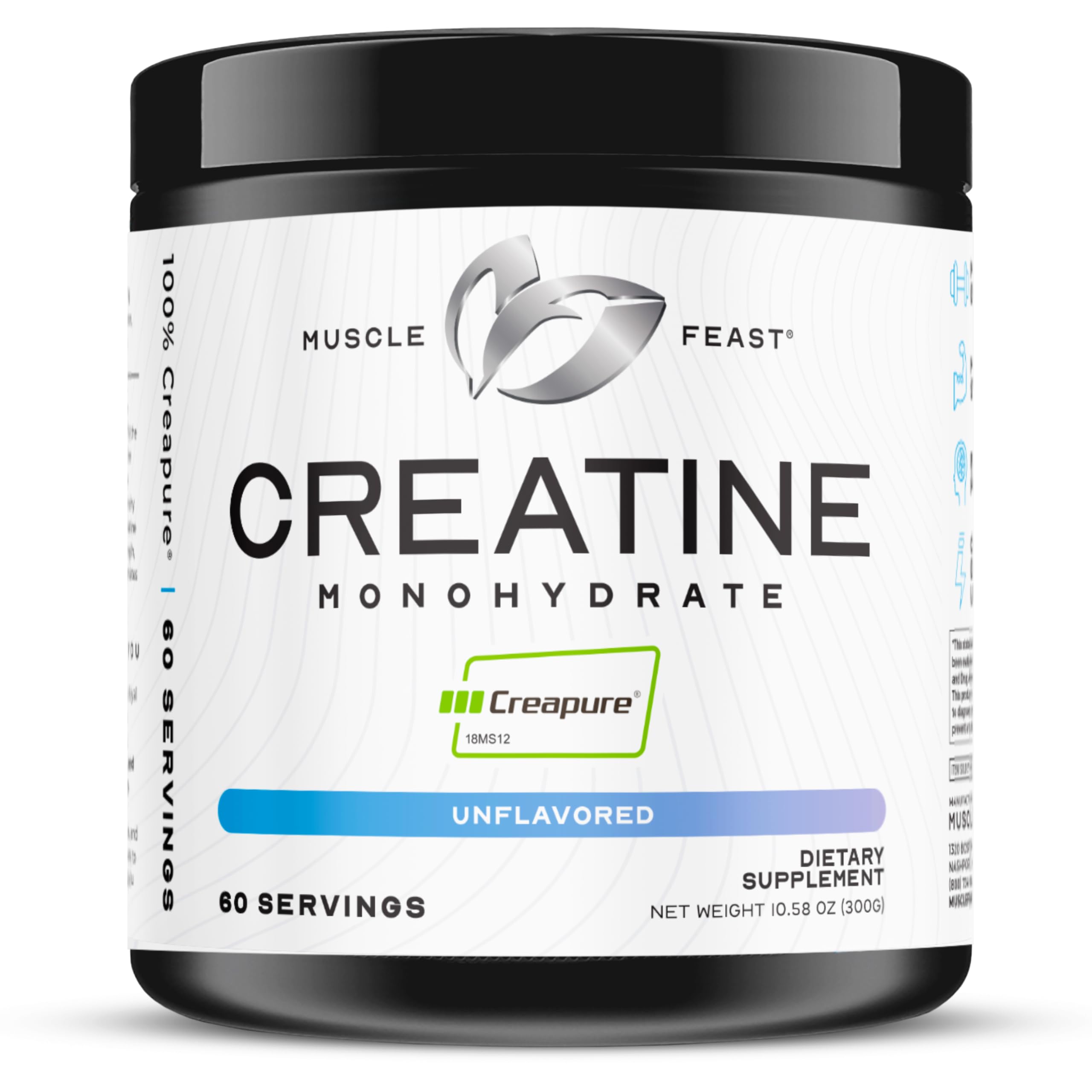 Muscle Feast envase frontal claro mostrando branding y beneficio de pureza