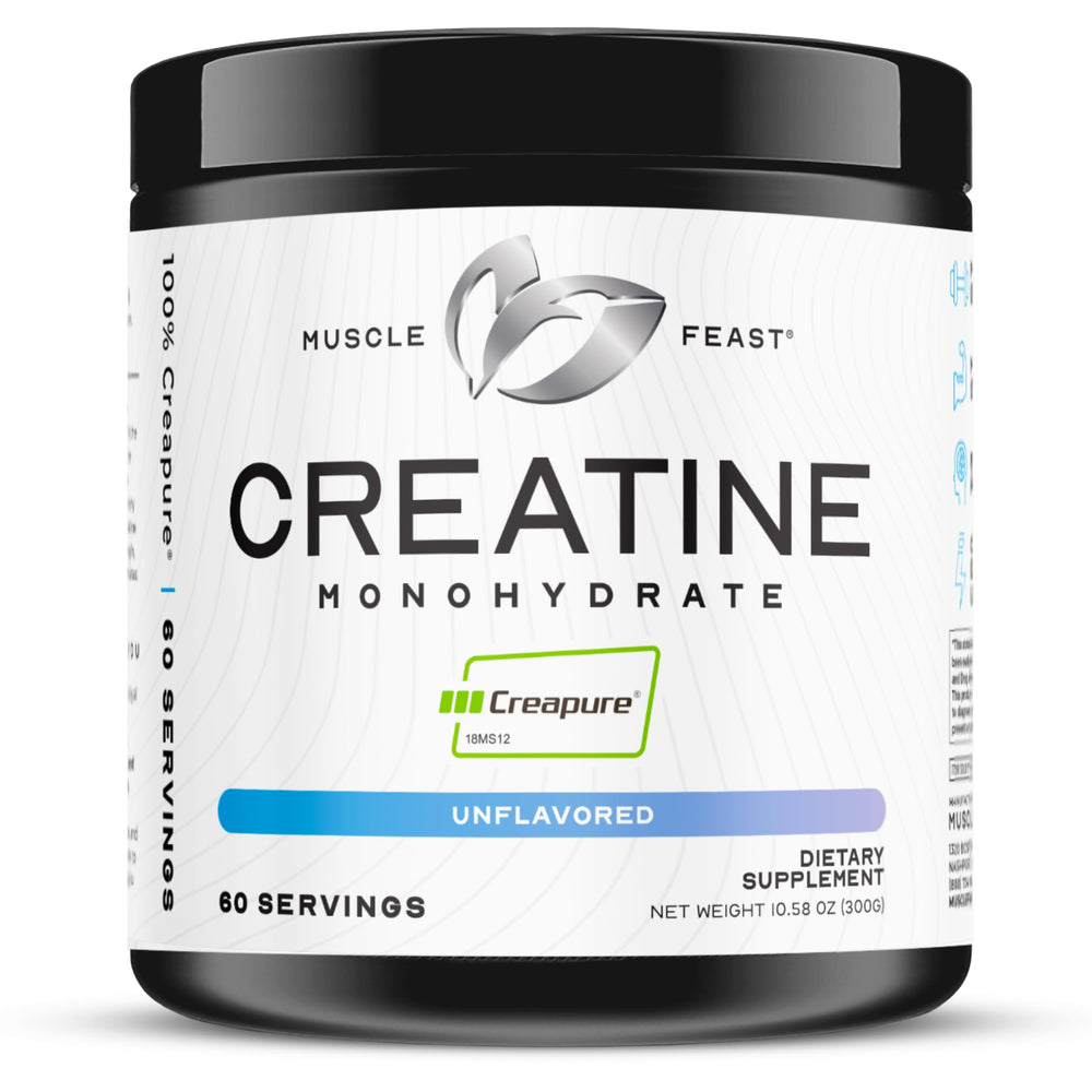 Muscle Feast envase frontal claro mostrando branding y beneficio de pureza