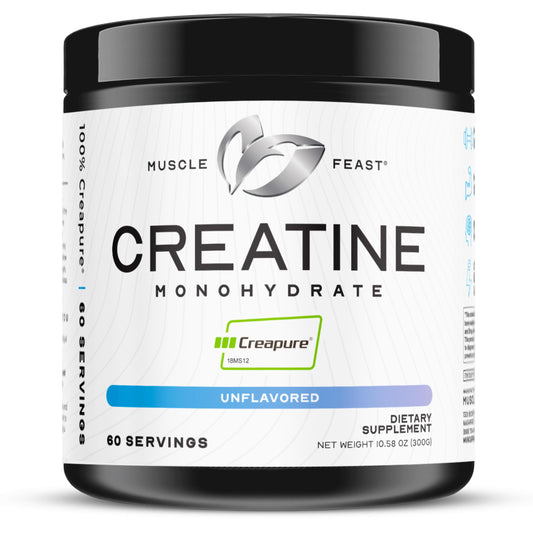 Muscle Feast envase frontal claro mostrando branding y beneficio de pureza