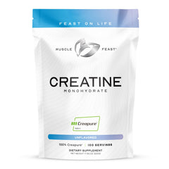 Muscle Feast envase frontal claramente etiquetado, transmite pureza y confianza