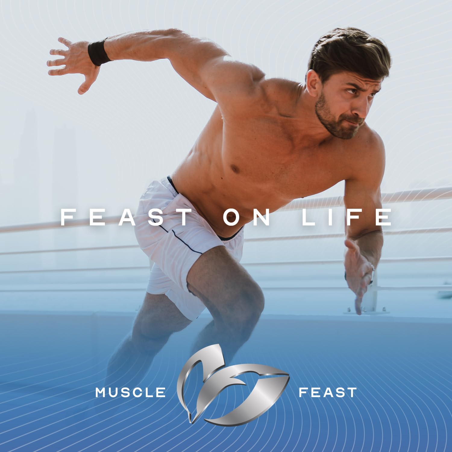 Muscle Feast botella en entrenamiento exterior, energía accesible