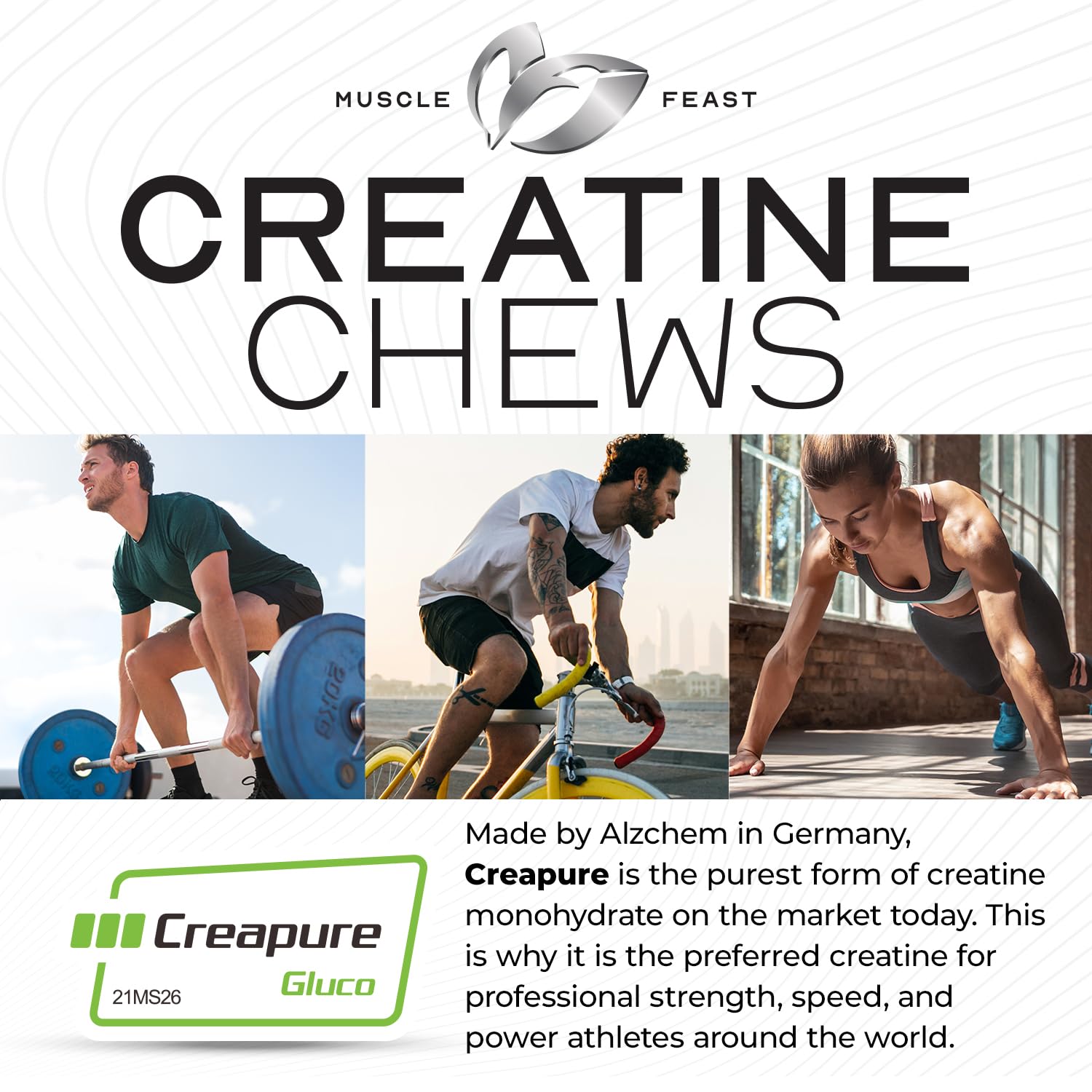 Muscle Feast tabletas en mano resaltando formato masticable y facilidad de uso