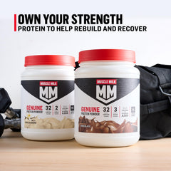 Muscle Milk comparación de tamaño con manos para entender volumen del envase