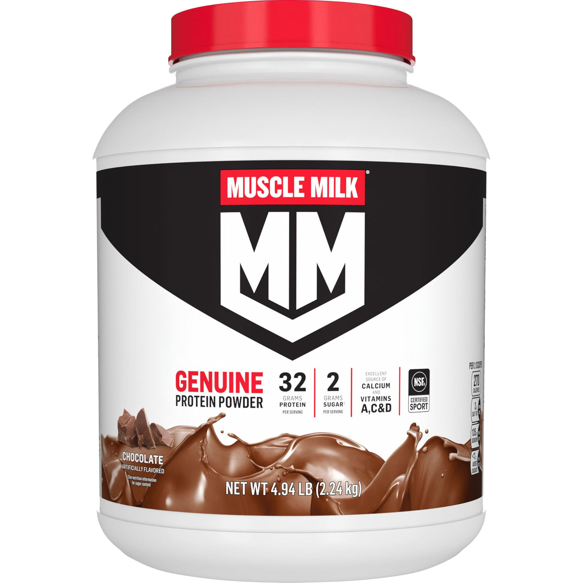 Muscle Milk envase frontal sabor chocolate mostrando porciones y sello NSF