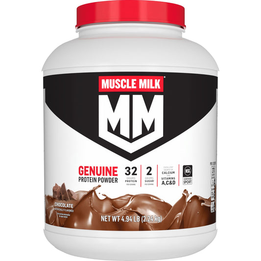 Muscle Milk envase frontal sabor chocolate mostrando porciones y sello NSF