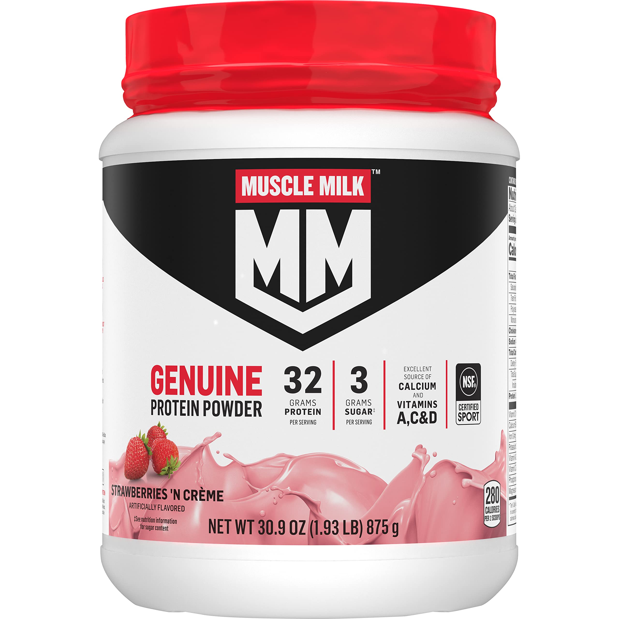 Muscle Milk envase frontal sabor Strawberries 'N Crème mostrando diseño y beneficio práctico