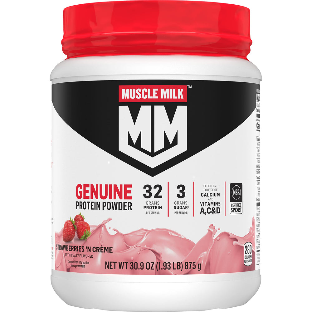 Muscle Milk envase frontal sabor Strawberries 'N Crème mostrando diseño y beneficio práctico