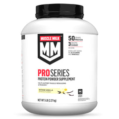 Muscle Milk envase frontal Intense Vanilla mostrando la marca y el propósito nutricional