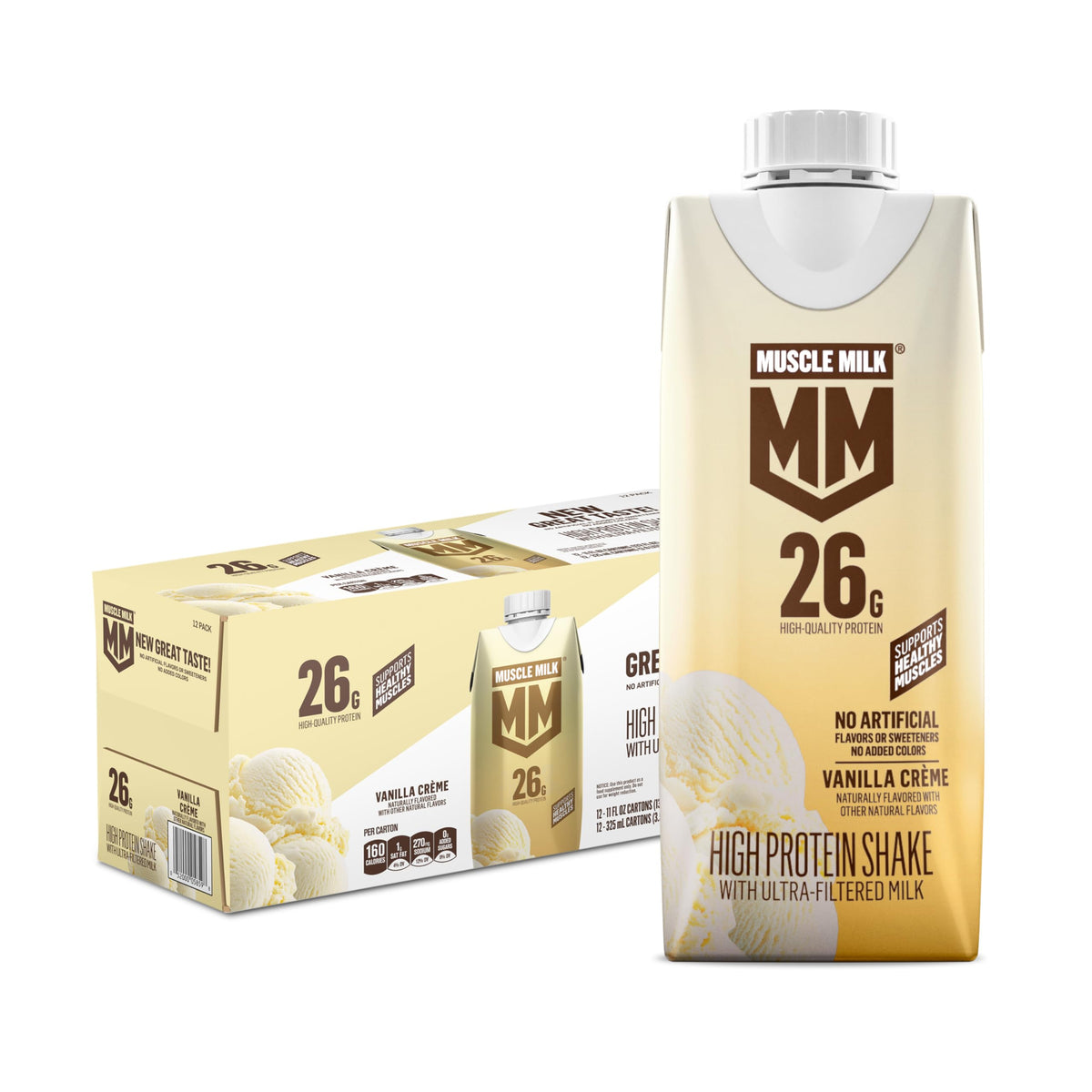 Muscle Milk frente del cartón Vainilla Crème mostrando el envase y conveniencia.